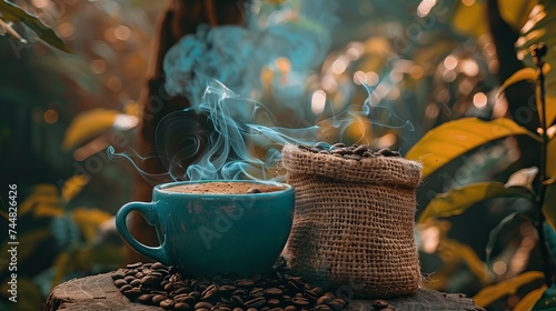 A cup of freshly brewed coffee emits aromatic smoke, accompanied by coffee beans stored in a rustic burlap sack. The backdrop features the lush foliage of a coffee tree