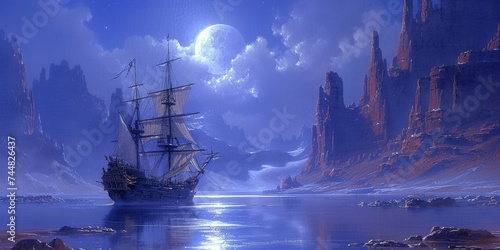 Majestic Sailing Ship Gliding Through a Mystical Moonlit Sea Surrounded by Soaring Rock Formations