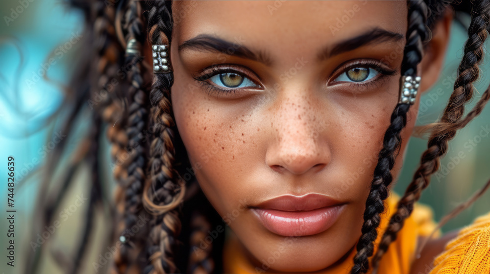 Close-up portrait of a charming young woman of mixed race with afro braids. Impeccably beautiful model with dark skin, grey eyes, freckles and ethnic hairstyle. Beauty and fashion. Close-up portrait of a charming young woman of mixed race with afro braids. Impeccably beautiful model with dark skin, grey eyes, freckles and ethnic hairstyle. Beauty and fashion.