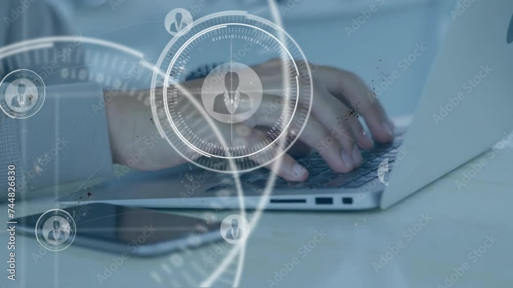 Animation of scope scanning and user icons over caucasian businesswoman using laptop Animation of scope scanning and user icons over caucasian businesswoman using laptop