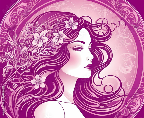 Purple is a graceful woman with flowing hair and floral touches in the Art Nouveau style 