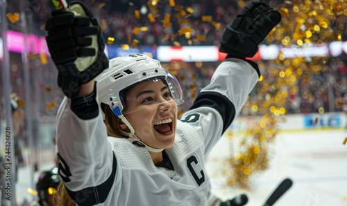 Professional female ice hockey player celebrating the championship gold