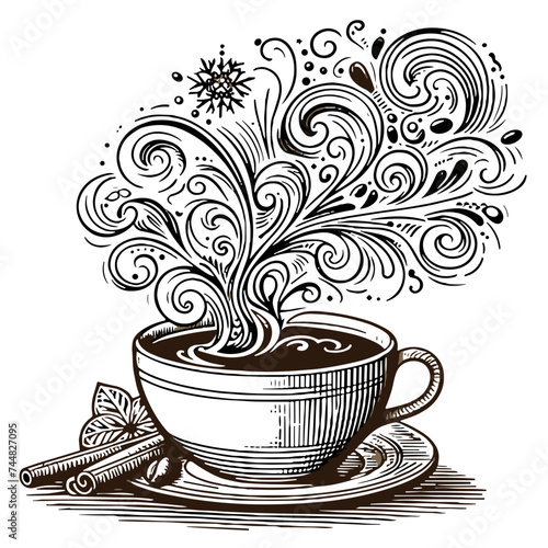 Fragrant Drink: vector drawing of a Hot Cup with a Soulful Smoke of Coffee, Conveying Comfort and Charge of Energy