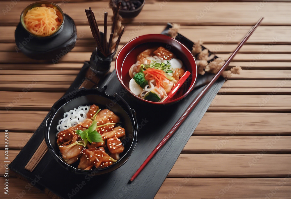 Asian korean food and chopsticks on wooden background