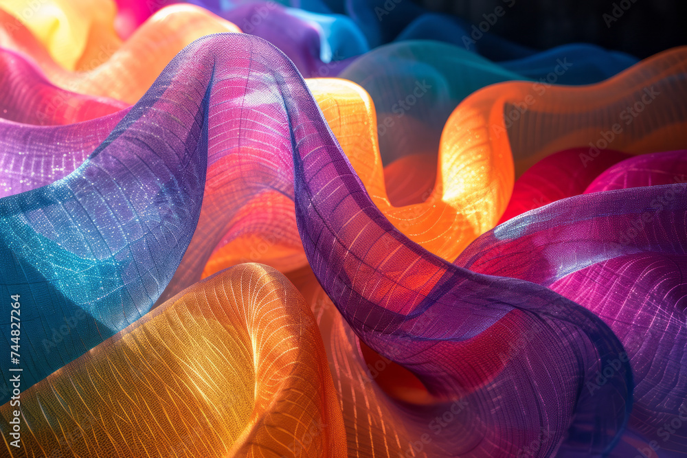 Fototapeta premium Flowing wavy transparent colorful fabric. Lightweight chiffon fabric dyed in rainbow colors with gradient. Close-up, selective focus.