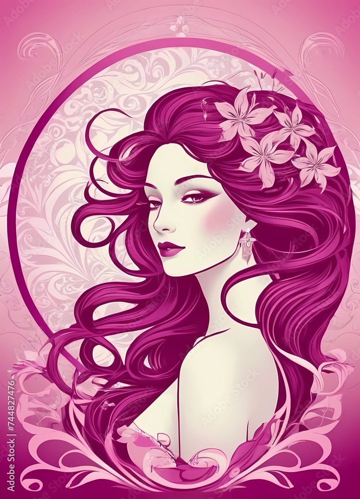 Purple is a graceful woman with flowing hair and floral touches in the Art Nouveau style
