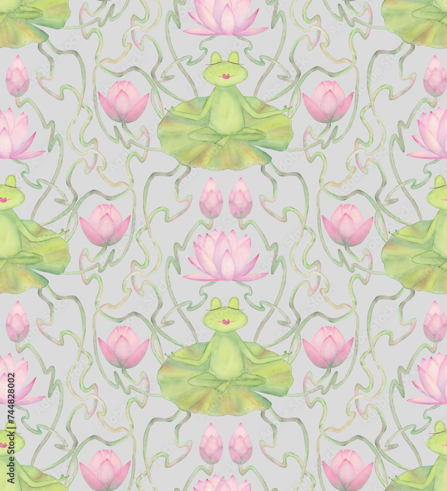 Frogs meditation of in art nouveau style lake seamless pattern