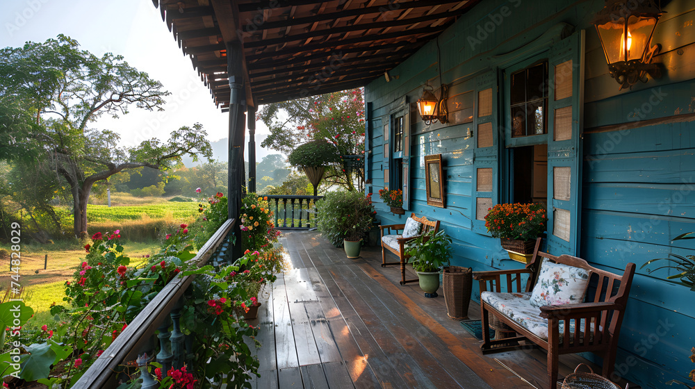 Obraz premium Rustic blue house with blossoming flowers on a wooden porch at dawn