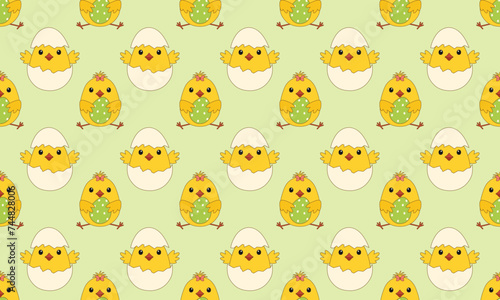 Seamless pattern with cute yellow Easter chickens. Vector illustration