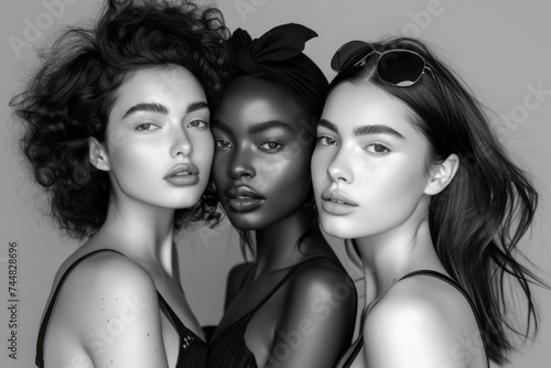 Studio black and white portrait of three multiethnic young women in elegant dresses close to each other. Beautiful African and Caucasian girls with stylish hairdos. Diversity in fashion.