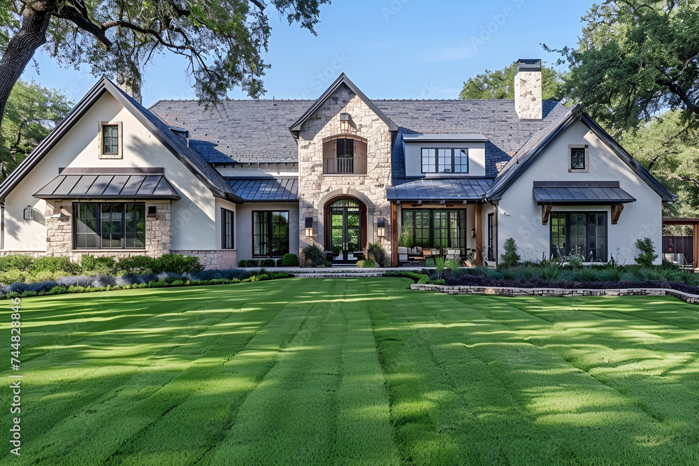 Stately home with stone details and symmetrical landscaping in daylight