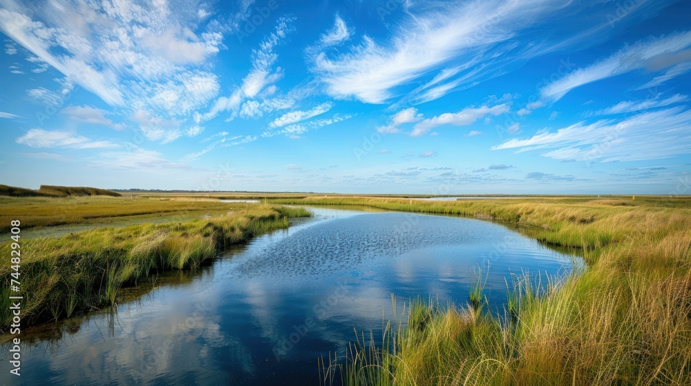 Vast expanses of marshland meet the endless horizon of the sea.