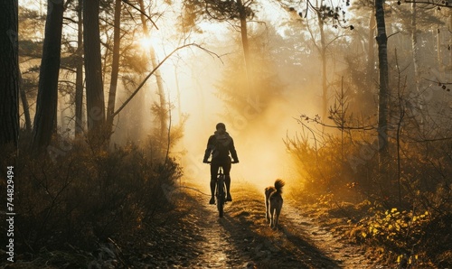 A man on a bike and his dog on a trail in the woods. Generative AI.
