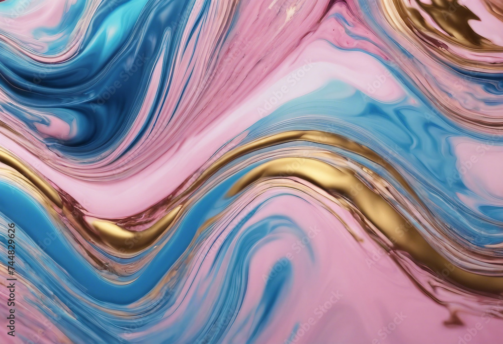 Beautiful blue gold and pink waves and swirls Fluid Art Marble effect background or texture