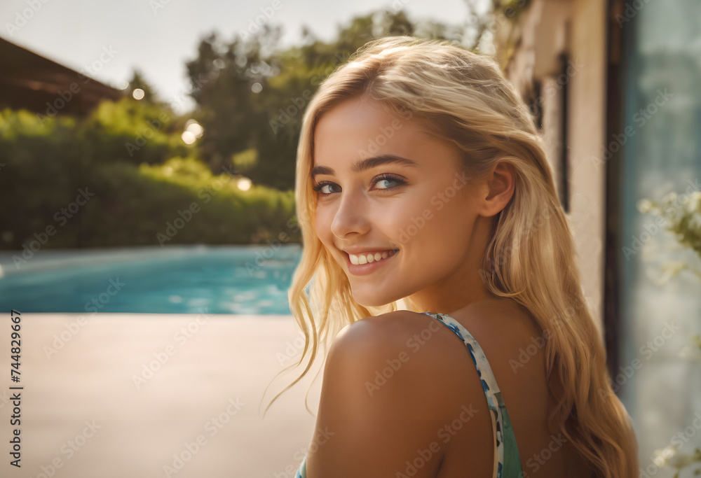 Beautiful blonde young woman smiling to the camera with a swimming pool in the background. Summer and sun concept.