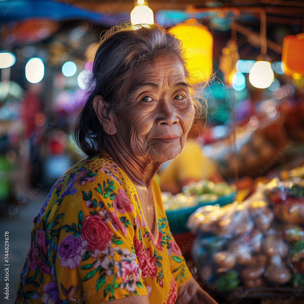 Elderly Woman Smiling in a Colorful Market Setting