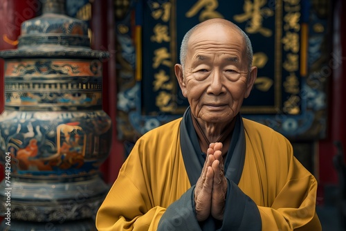 An old Chinese abbot faces the camera with his hands clasped in front of the camera, standing next to the merit box in the background of the temple. generative AI photo