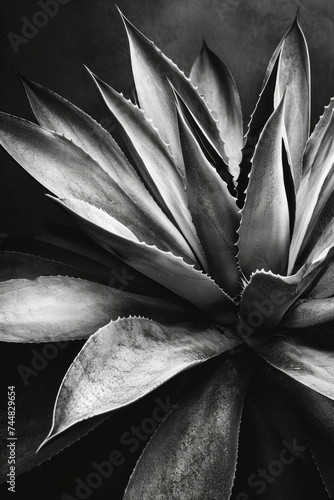 Black and white photograph of an agave plant. Generative AI. photo