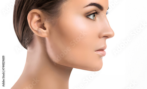 Close up profile side view of female model face with perfect skin on white background.