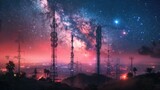 Modern technology and natural beauty, media antennas and high voltage power towers stand against the backdrop of a city skyline and the breathtaking Milky Way.