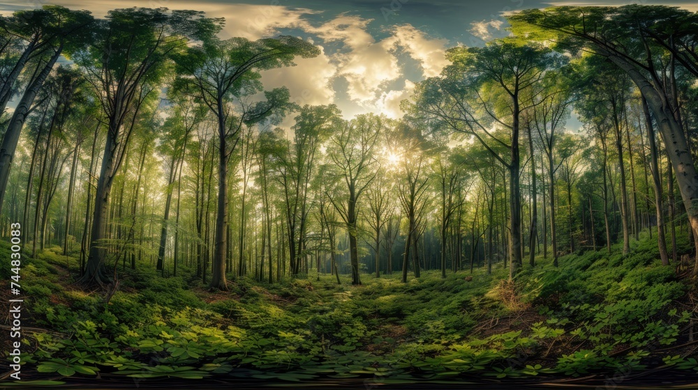 Fototapeta premium Grandeur of nature in a huge forest panorama, where towering trees stretch towards the sky, forming a majestic canopy over the lush undergrowth below.