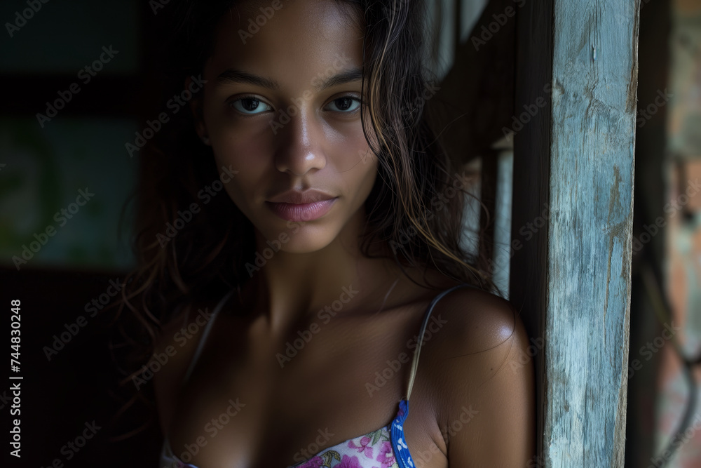 Young Brazilian Woman from Sao Paulo posing in Bikini: Portrait of a beautiful young brazilian woman in bikini looking at camera.