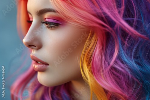 Close-up portrait of beautiful young Caucasian woman with long wavy hair dyed in different neon colors. Charming female model with perfect makeup and multi-color hairstyle. Diversity in fashion.