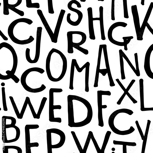 Seamless pattern alphabet letters in grunge style . Vector font background. Font elements hand drawn black ink . Black and white paint smears alphabet ornament.