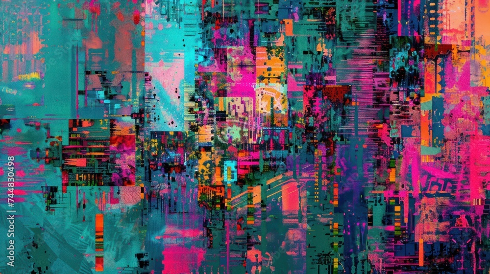 Unique and colorful digital pixel glitch collage, where art and technology collide to create a mesmerizing tapestry of digital expression.