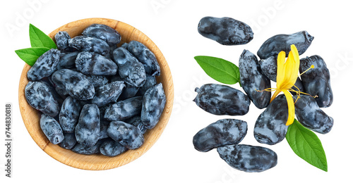 Fresh honeysuckle blue berry in wooden bowl isolated on white background with full depth of field. Top view. Flat lay photo