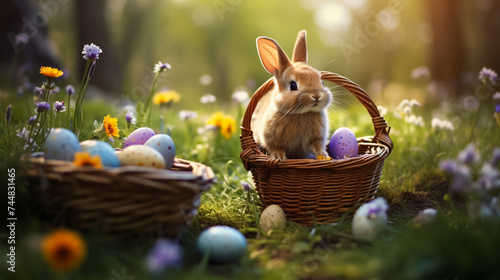 Cute little bunny in the basket and easter eggs in the meadow