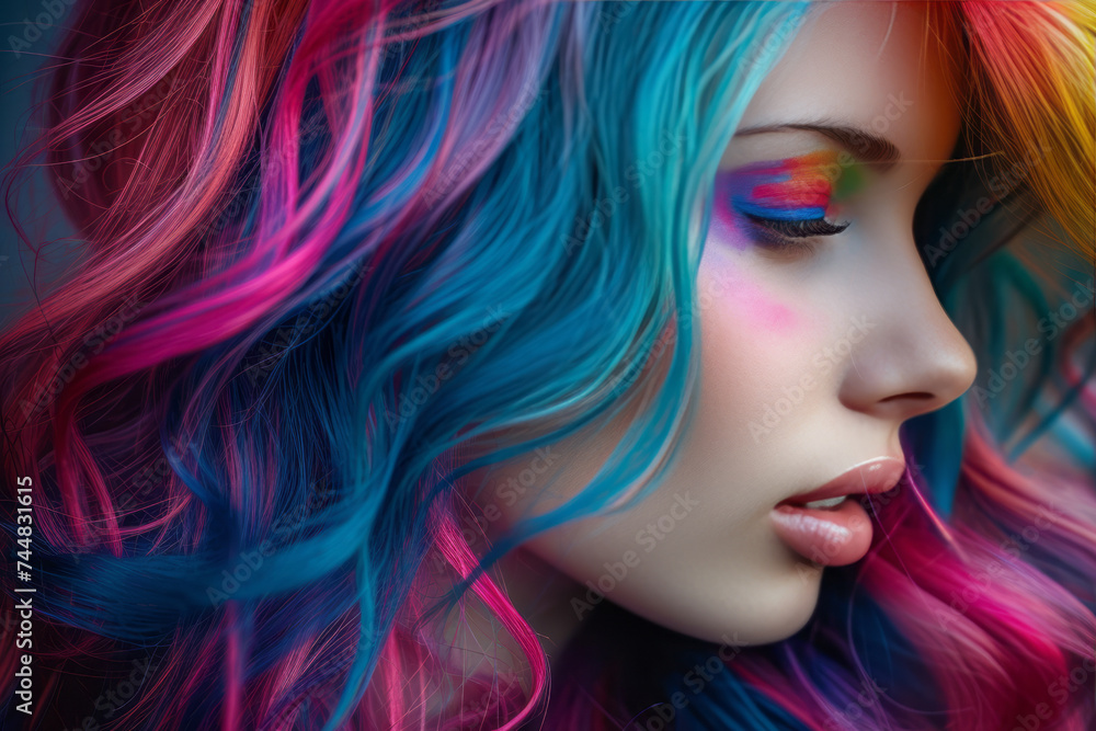 Close-up portrait of beautiful young Caucasian woman with long wavy hair dyed in different neon colors. Charming female model with perfect makeup and multi-color hairstyle. Diversity in fashion.