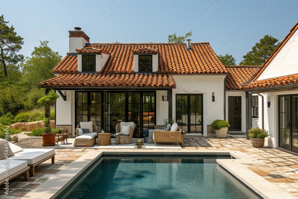 Luxurious outdoor pool area with white house, tiled floor, and stylish patio furniture overlooking tranquil surroundings