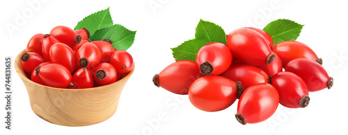 Rose hip in wooden bowl isolated on a white background with full depth of field