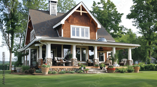Rustic charm  cozy house with a wraparound porch nestled among lush greenery.