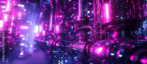 3D illustration of futuristic science fiction city with blight neon lights. AI generated image