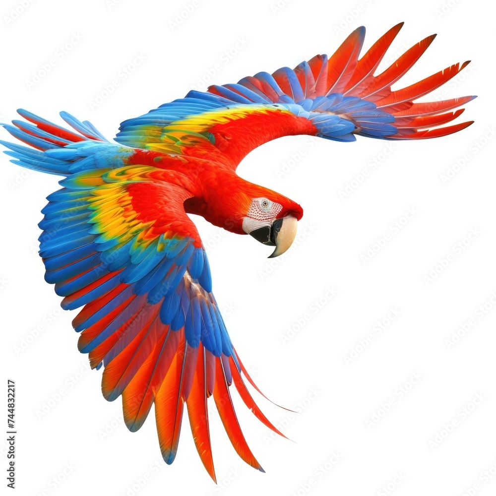 A colorful parrot flying in the air. Generative AI.