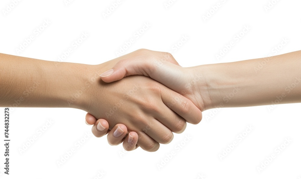 Two people shaking hands on a white background. Generative AI. Two people shaking hands on a white background. Generative AI.