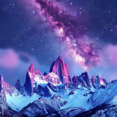 Mystical Mountain Peaks Crowned by a Celestial Galaxy, Ethereal Aurora Colors Enhancing the Nocturnal Charm