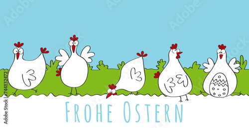 Ostern Karte mit weiße Hühnern, lustige Vektor Cartoon Illustration