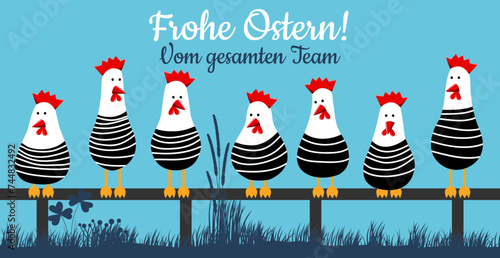 Osterkarte mit lustigen Hühnern. Frohe Ostern vom gesamten Team - deutscher Text, lustiger Hühnerhaufen. Vektor Cartoon Illustration