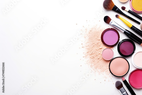 Makeup Essentials. Professional Beauty Products for Makeup on White Background Top View