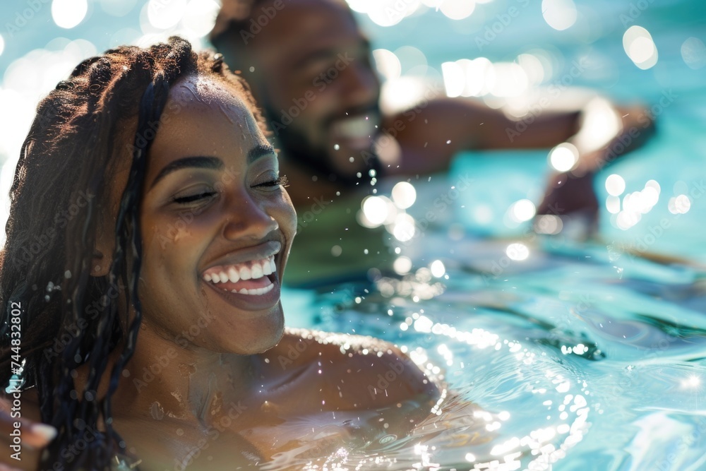 Radiant African American couple sharing a joyful moment in the sparkling pool waters
