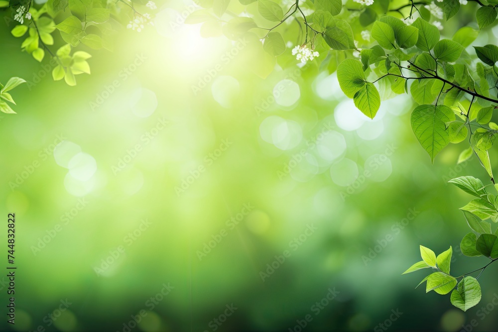 Natural Beauty of Spring: Bright Green Summer Sunlight on Soft Abstract Background