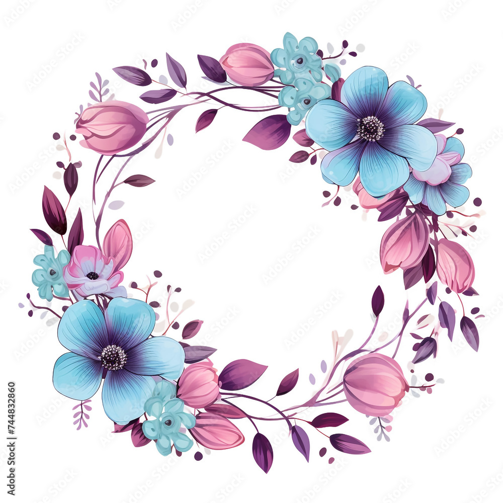 Decorate your designs with a watercolour wildflower flower wreath isolated on a white background, adding a touch of spring in an arrangement suitable for background, texture, wrapper, frame, or border