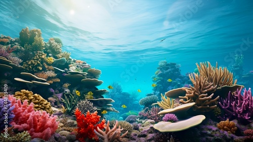 School of vivid fish over a multicolored coral reef. Concept of oceanic life  reef ecosystems  and marine biology studies.