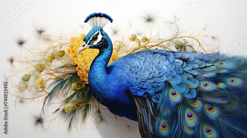 Vivid peacock with vibrant tail feathers. Isolated on white background. Concept of ornithology, bird elegance, feather patterns, and avian beauty. photo
