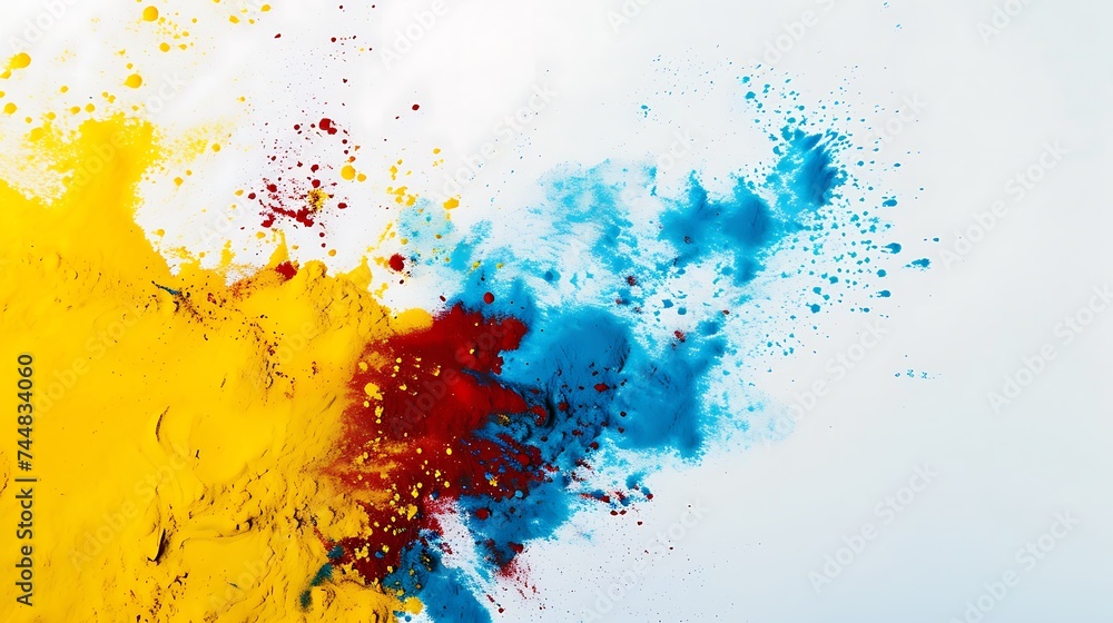 Red yellow blue Colorful Holi powder on white background Red yellow blue Colorful Holi powder on white background