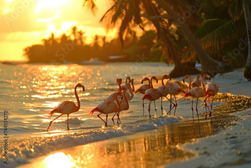 Flamingos gracefully wading at sunset on a tranquil tropical beach