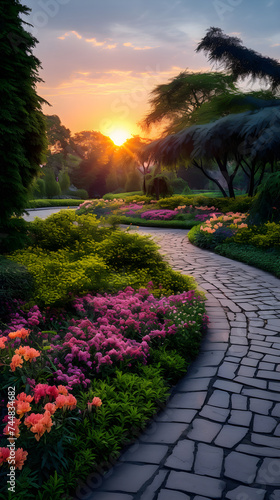 Enchanting Garden Sunset: A Tranquil Haven Bursting with Greenery and Floral Blooms in Serene Setting